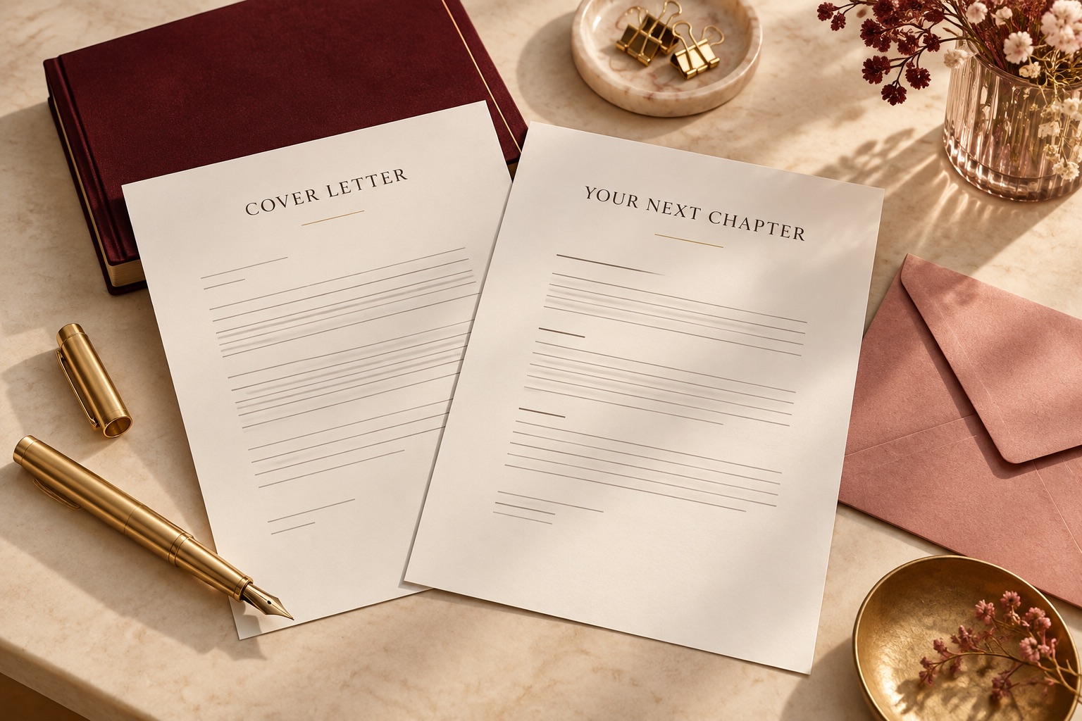 Illustration of cover letter stationery and a gold fountain pen