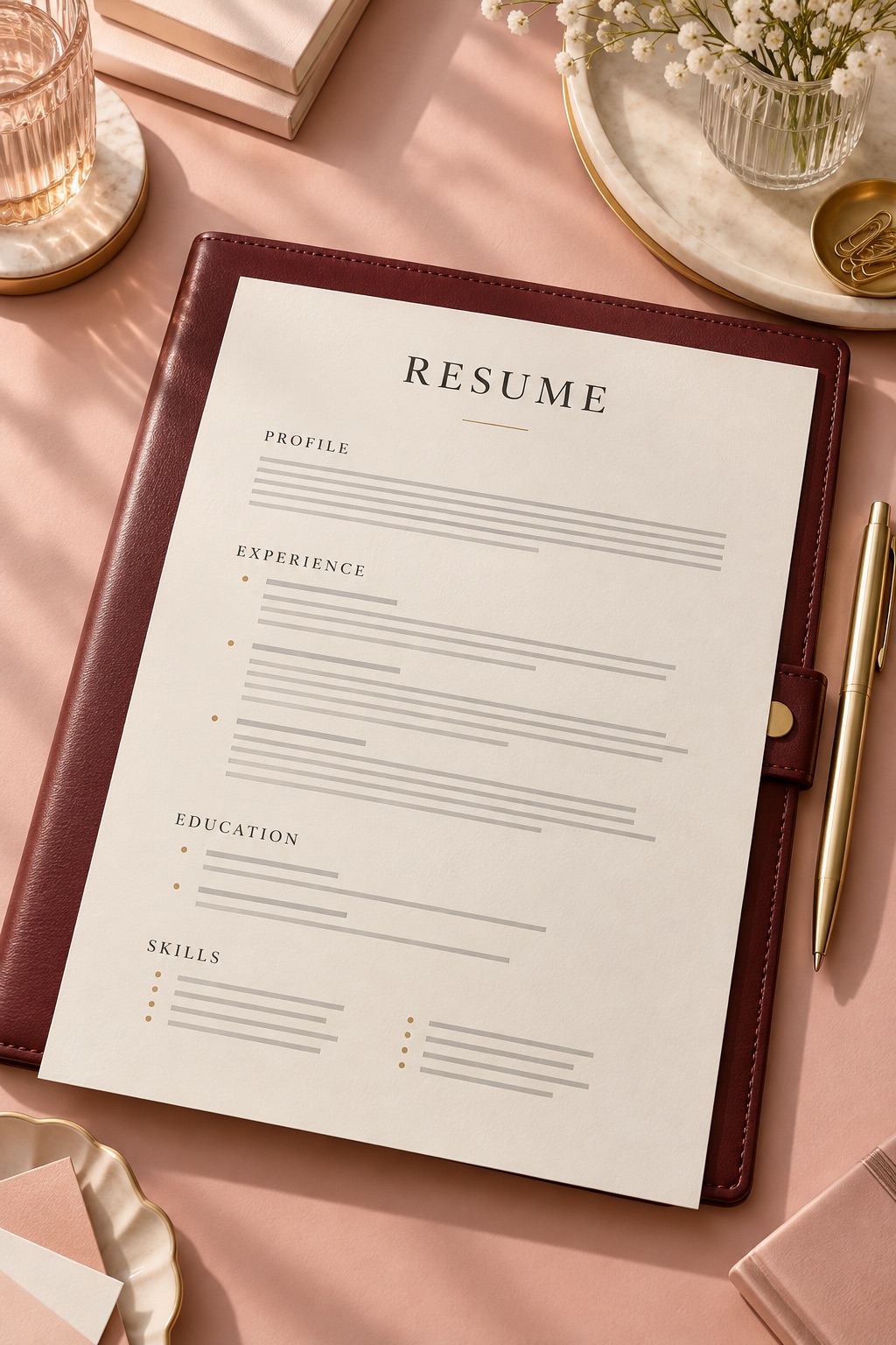 Illustration of a resume on a burgundy folder with a gold pen