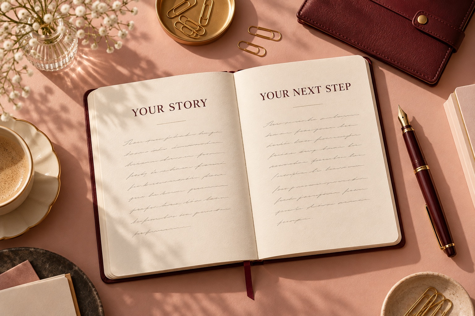 Illustration of a notebook about your story and next steps, with a pen on a dusty rose desk